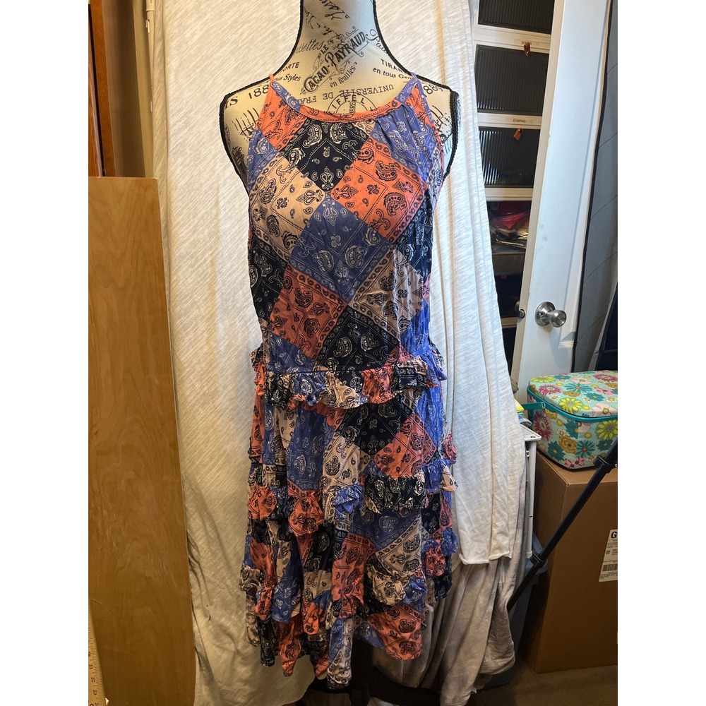 Wrangler Womens Patchwork‎ Halter Dress Ruffled Tiered Mini Blue Pink M